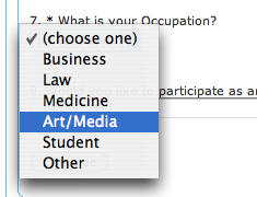 "What is your occupation: Business; Law; Medicine; Art/Media; Student; Other"