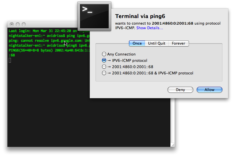 ping6 ipv6.google.com